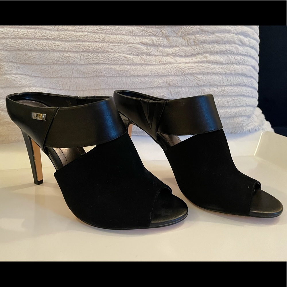 Calvin Klein Black Suede and Patten Leather Mules